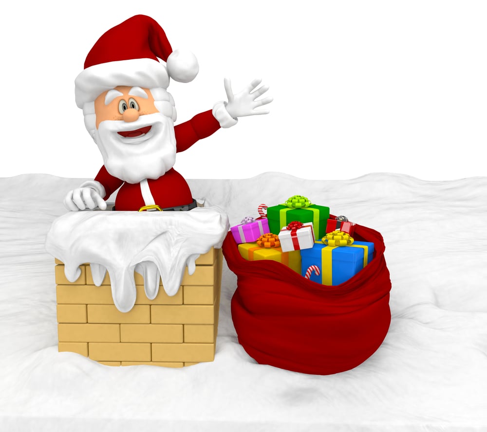 3D Santa entering a house through the chimney