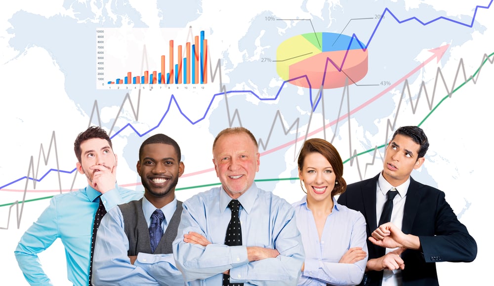 Multicultural group business people with folded hands, team leader concept finance graph chart diagram, world map background. Happy smiling corporate employees. Busy office lifestyle company executive